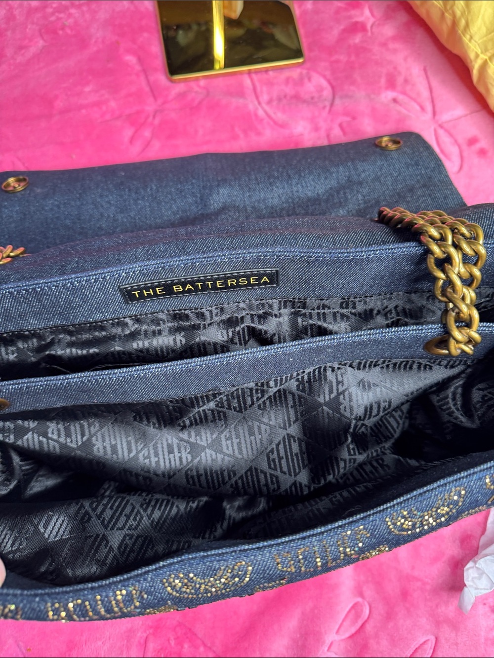 Kurt Geiger Rare XXL Battersea Denim Sparkle Bag - Dark Gold Chain NWT - Picture 15 of 17